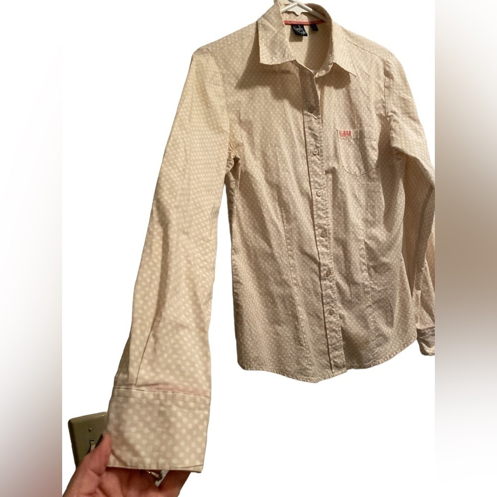 Cruel Girl Cream Polka Dot Button-Up Shirt with Subtle Pink Accent